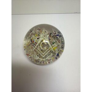 Vintage Hand Blown Glass Masonic Paperweight with Multi-Color Spatter and White